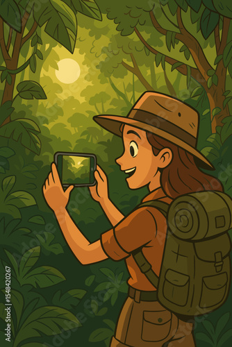 Young female explorer on a jungle expedition takes a picture with her smartphone. Happy woman backpacking and hiking in a tropical rainforest. Adventure travel vlogger concept. Vector.