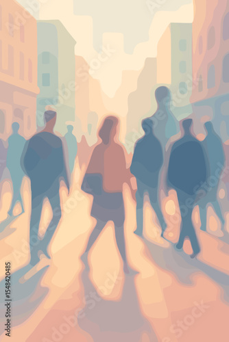 Blurred silhouettes of people walking on a busy city street. Anonymous crowd of pedestrians in soft focus with dreamy pastel tones. Urban lifestyle concept with atmospheric light. Vector.