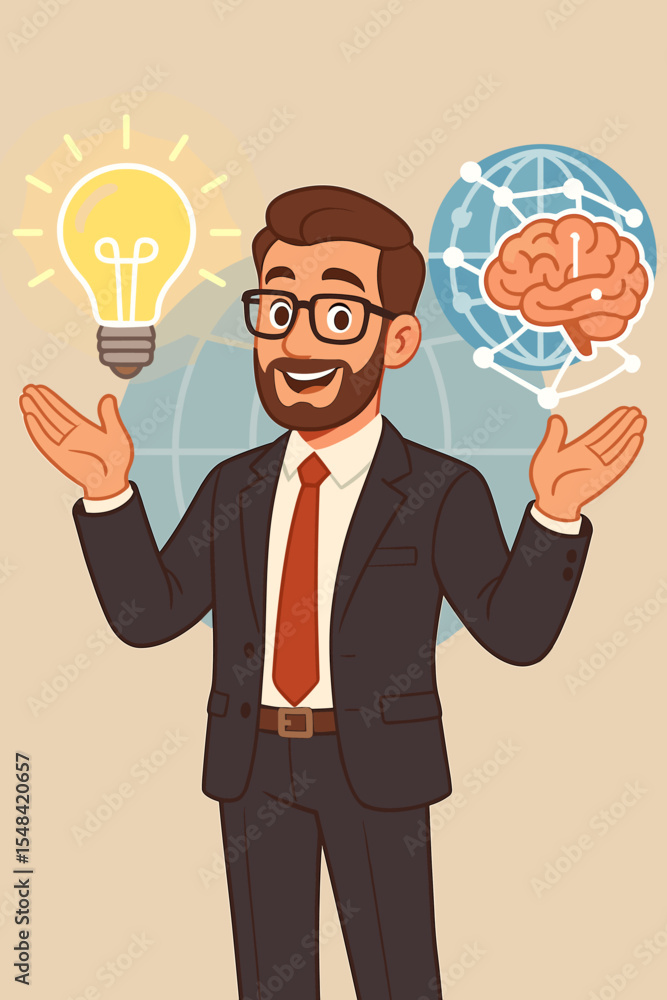 Businessman presenting a new idea with a light bulb and a brain in a global network. Concept of innovation, creative thinking, business solution, and global intelligence. Cartoon vector. Businessman presenting a new idea with a light bulb and a brain in a global network. Concept of innovation, creative thinking, business solution, and global intelligence. Cartoon vector.