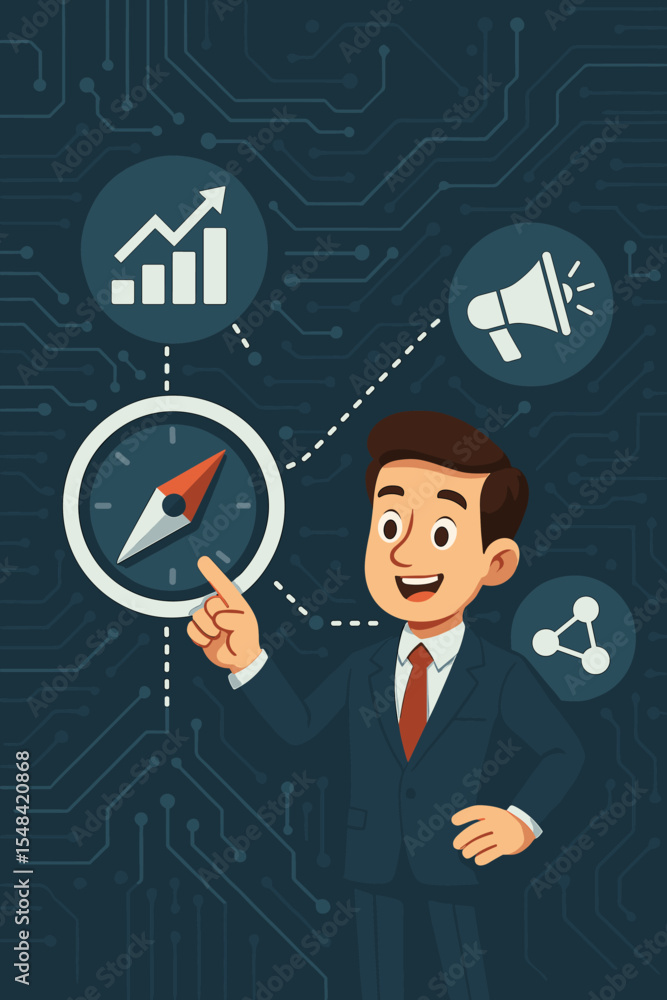 Digital marketing strategy concept with cartoon businessman. Compass for business navigation and guidance. Icons for growth analytics, promotion, and social media networking. Vector. Digital marketing strategy concept with cartoon businessman. Compass for business navigation and guidance. Icons for growth analytics, promotion, and social media networking. Vector.