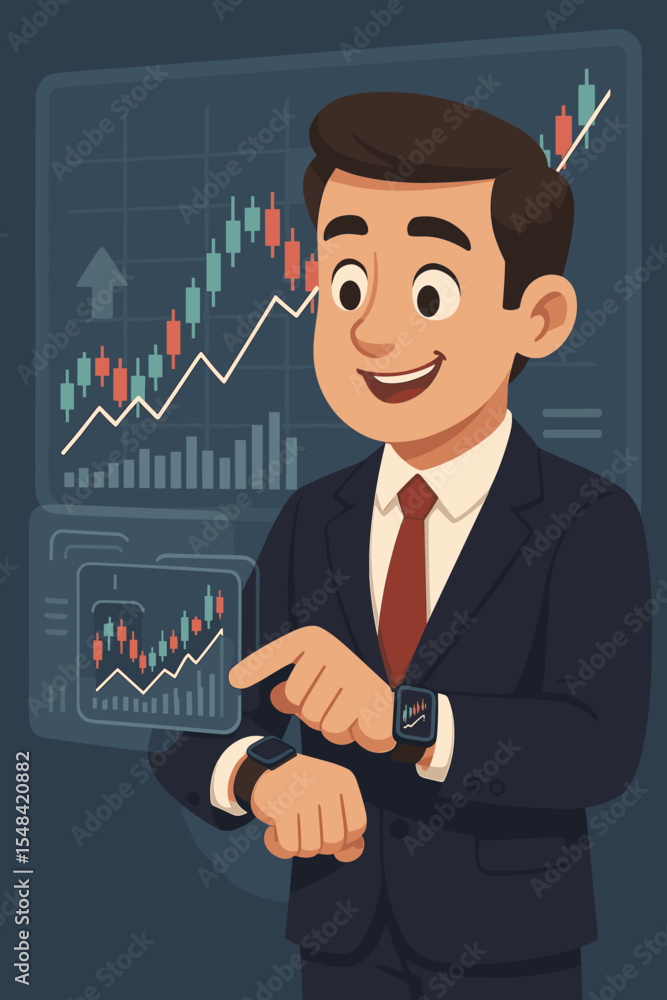 Happy businessman checking stock market growth on smartwatch. Financial technology concept with virtual hologram screen, candlestick chart, and data analysis. Successful investment. Happy businessman checking stock market growth on smartwatch. Financial technology concept with virtual hologram screen, candlestick chart, and data analysis. Successful investment.
