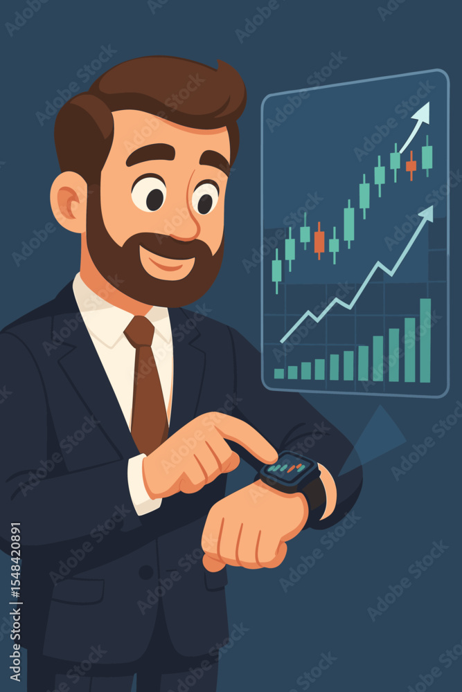 Cartoon businessman character using smartwatch for stock market trading. Investor analyzing financial graph and data on a virtual screen. Futuristic technology and investment concept. Cartoon businessman character using smartwatch for stock market trading. Investor analyzing financial graph and data on a virtual screen. Futuristic technology and investment concept.