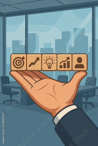 Business goals concept. Businessman hand holding wooden blocks with strategy icons. Corporate mission, vision, success, planning, development. Target, growth, idea, analysis, team.