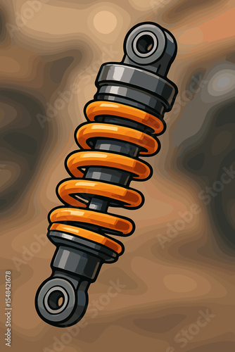 Motorcycle shock absorber vector illustration. Cartoon close-up of a bike suspension damper with an orange coil spring. Concept for motorsport, vehicle maintenance, and repair shop.
