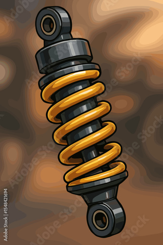 Motorcycle shock absorber vector illustration. Close-up of automotive suspension part with yellow coil spring. Car damper component for vehicle service, repair or performance tuning.