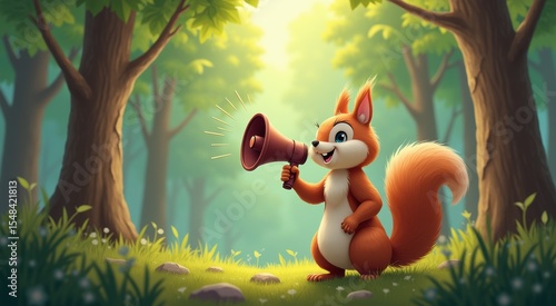 Cartoon squirrel with a megaphone in a forest