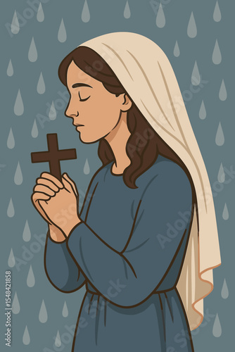 Devout Christian woman praying with a wooden cross, concept of faith and hope. Religious illustration of a female saint or Virgin Mary in sorrow for Lent, Good Friday or Easter.