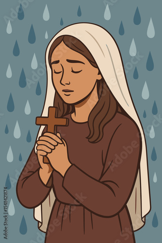 Devout Christian woman praying with a cross, a symbol of faith and hope. Religious concept for Lent or Easter. Sorrowful girl in the rain, deep in prayer and contemplation. Vector.