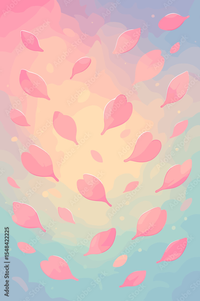Romantic spring background with falling pink cherry blossom petals. Dreamy pastel sky with soft bokeh effect. Cute cartoon vector illustration of flying sakura flowers for a card. Romantic spring background with falling pink cherry blossom petals. Dreamy pastel sky with soft bokeh effect. Cute cartoon vector illustration of flying sakura flowers for a card.