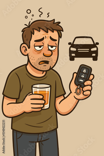Drunk driving social issue concept. Intoxicated man with alcohol and car key remote. Driving under the influence or DUI danger. Irresponsible driver cartoon vector illustration.