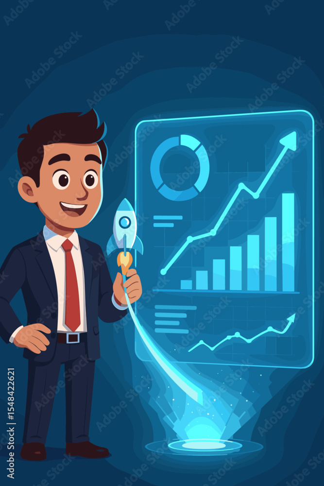 Entrepreneur launching startup rocket. Businessman with holographic chart interface showing business growth. Data analysis for financial success. Futuristic technology concept. Entrepreneur launching startup rocket. Businessman with holographic chart interface showing business growth. Data analysis for financial success. Futuristic technology concept.