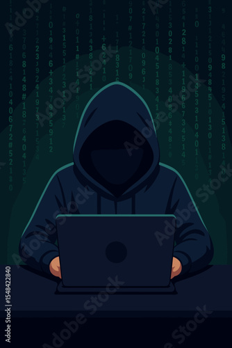 Anonymous hacker in a hoodie using a laptop for a cyber attack. Faceless programmer coding in a dark room with a green matrix code background. Cybersecurity crime vector concept.