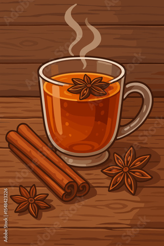 Hot spiced tea in glass mug with cinnamon and star anise on rustic wood table. Cozy autumn or winter beverage concept. Aromatic herbal infusion vector cartoon illustration.