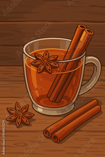 Hot spiced tea with cinnamon and star anise in a glass mug. Aromatic mulled wine or cider on a rustic wooden table. Cozy winter or autumn drink. Vector cartoon illustration.
