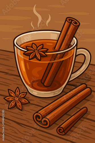 Cozy cup of hot spiced tea with cinnamon sticks and star anise on a rustic wooden table. Aromatic winter drink infusion in a glass mug. Vector cartoon illustration concept.