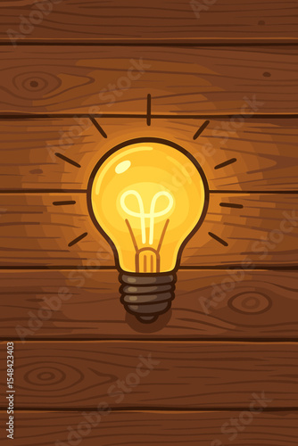 Creative idea, innovation, and solution concept. Glowing yellow light bulb shining on a rustic wooden texture background. Cartoon vector illustration for business and inspiration.