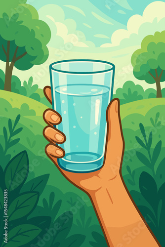 Hand holding a glass of pure fresh water on a green nature landscape background. Concept of hydration, health, wellness, and healthy lifestyle. Refreshment and thirst. Vector cartoon.