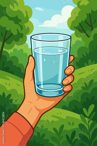 Hydration and health concept. Person's hand holding a glass of fresh pure water in a natural green park landscape. Healthy lifestyle, thirst, and wellness cartoon vector illustration.