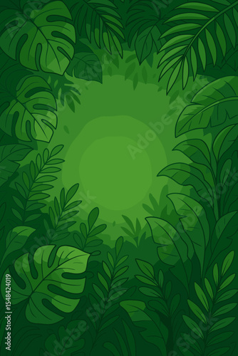 Lush tropical rainforest leaves background with copy space. Vector cartoon illustration of jungle foliage frame. Exotic nature backdrop with monstera and palm leaf for summer design.