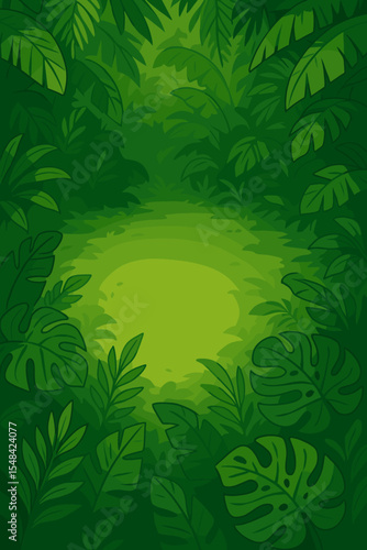 Cartoon jungle background concept. Tropical rainforest leaves frame. Vector illustration of exotic nature paradise with copy space. Green foliage, monstera and palm plant border.