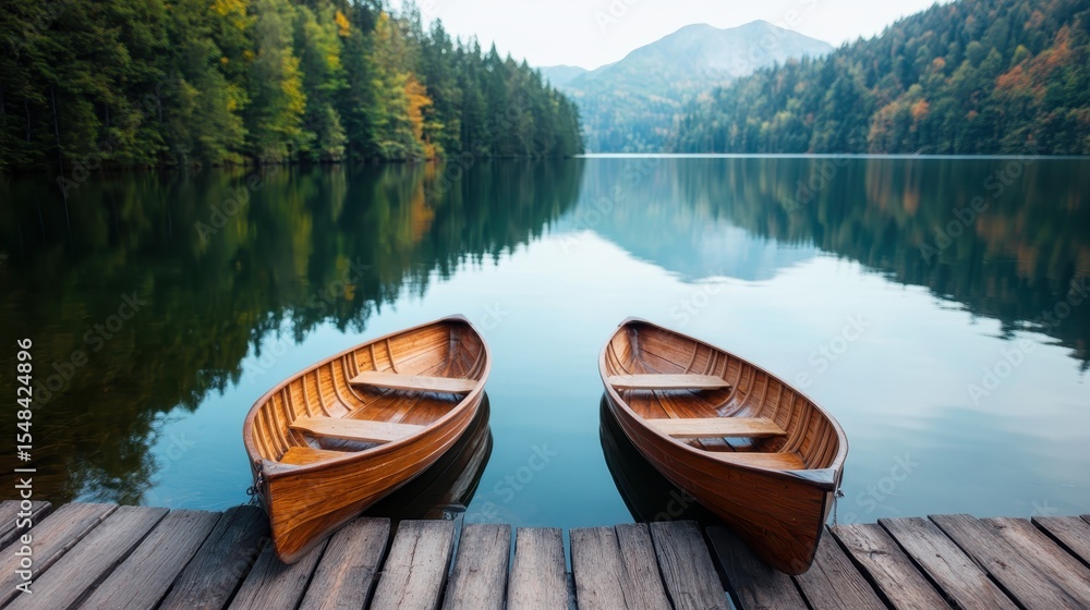 Obraz premium Two rustic wooden boats gently docked at the edge of a tranquil lake surrounded by lush forests, embodying peace and natural beauty in a picturesque outdoor setting.