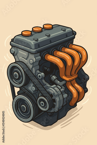 Powerful car engine vector illustration. Detailed automotive motor with running parts, exhaust manifold, pulleys and belt. Concept for vehicle repair, mechanic service, car tuning.
