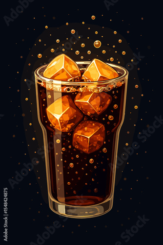 Refreshing cola soda in glass with golden ice cubes and fizzy bubbles. Cold carbonated soft drink illustration for menu or poster. Vector beverage on dark background.
