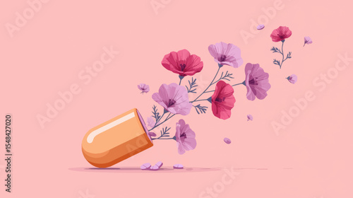 Minimal vector of broken capsule with blooming flowers symbolizing overdose awareness and recovery