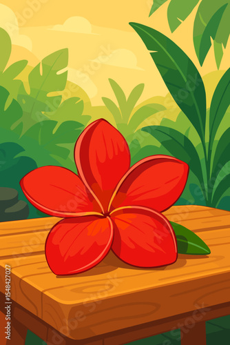 Vibrant red frangipani flower on wooden table in tropical spa garden, botanical plumeria blossom, lush foliage background, summer relaxation concept, vector cartoon illustration, exotic paradise