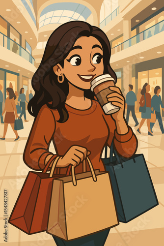 Happy woman shopping at mall, carrying multiple bags and drinking coffee, vibrant cartoon vector illustration of retail therapy, leisure activity, consumer lifestyle in busy shopping center