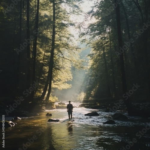 Person Wading Through a River in a Forest with Sun Rays Filtering Through Trees