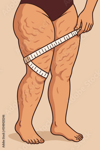 Woman with cellulite on her legs measuring thigh with tape. Concept for diet, weight loss, obesity, and health. Body measurement. Body image issues and body positivity vector.