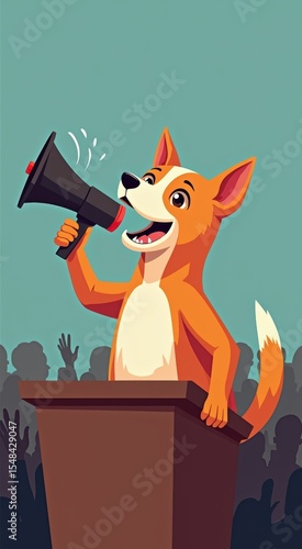 Cartoon dog speaking into a megaphone while standing at a podium
