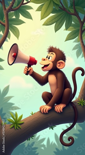 Cartoon monkey sitting on a tree branch with a megaphone