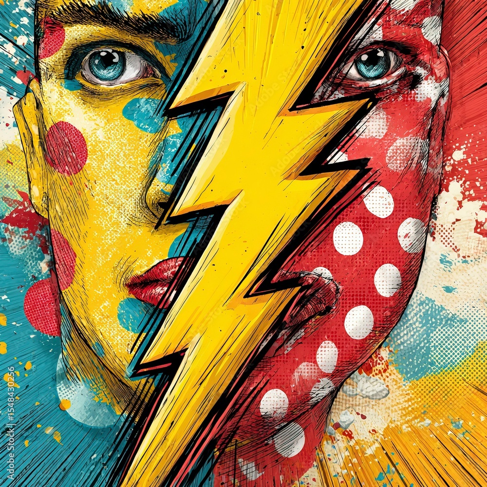 Obraz premium Pop-Art Thunderbolt Splitting Slide: Gradient Halves with Mismatched Dots in Abstract Geometric Design, Neon Contrast 3D Render