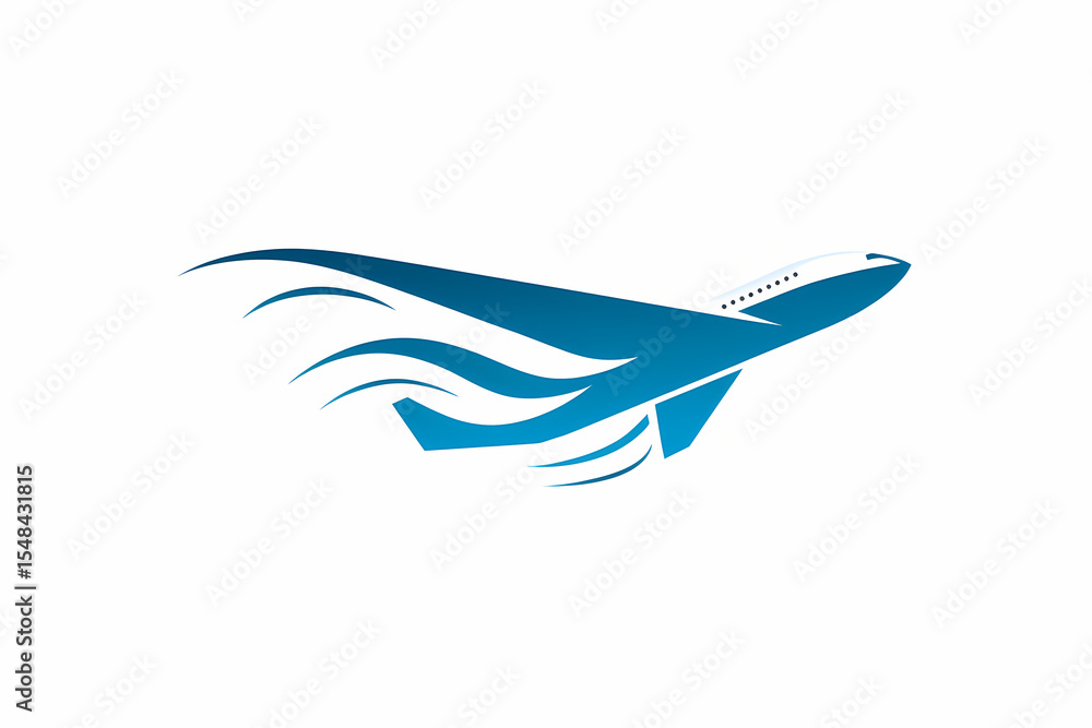 Obraz premium Minimalist airplane silhouette with abstract wing motifs, speed design in blue and white