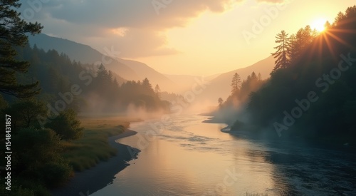 Wallpaper Mural River running through a forest with a sun setting Torontodigital.ca