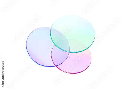 Set 3d glass round shape icon. Transparent circle podium, plate, disk, lens flying. Abstract color crystal element. Pastel gradient platform with glass morphism effect. Vector realistic illustration
