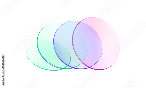 Set 3d glass round shape icon. Transparent circle podium, plate, disk, lens flying. Abstract color crystal element. Pastel gradient platform with glass morphism effect. Vector realistic illustration