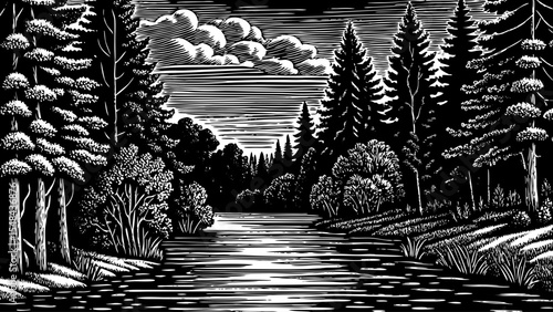 Forest scene with tall pine trees and a crystal-clear river reflecting the sky, a black and white sketch vector