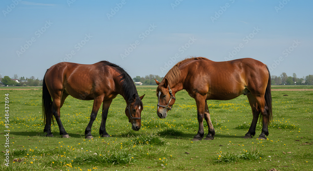 Obraz premium Brown Horses Grazing and Standing on Open Meadow Under Cloudy Sky