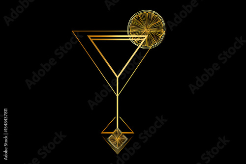 Geometric cocktail glass design with gold and black palette and citrus slices