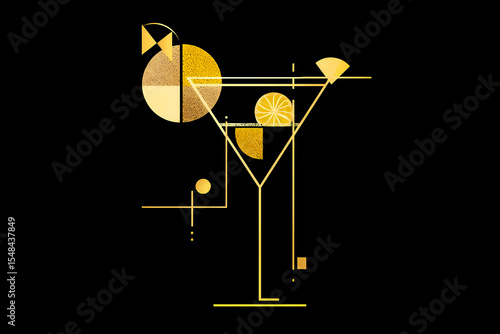 Geometric cocktail glass design with gold and black palette and citrus slices