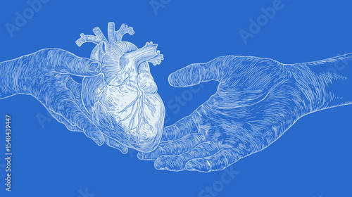 Vector illustration of hands passing a human heart for organ donation awareness campaign background