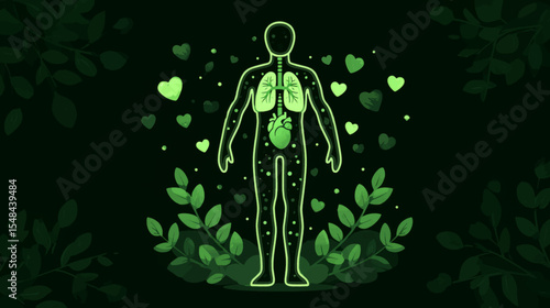 Stylized vector of human figure with glowing lungs surrounded by green hearts and leaves for organ donation awareness