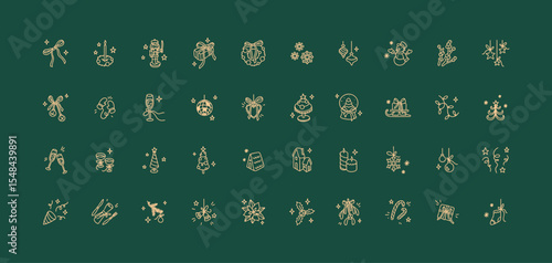 Merry Christmas and Happy New year cute line doodle golden icons set. Xmas winter minimalist drawing. Festive ornament. Holiday celebration background. Star, snowflake, ball, bubble, wreath, bow