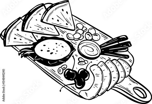 Summer fruit and cheese charcuterie board. Dragon fruit, water melon, cherry plate. Sketch doodle drawing. Spanish tapas. Beach party appetiser. Wine, champagne, Prosecco platter