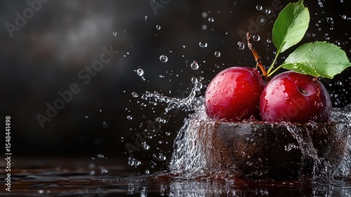 This image captures the vibrant beauty of red plums splashing in water, showcasing their freshness, juiciness, and the allure of nature's bounty in a striking visual display.