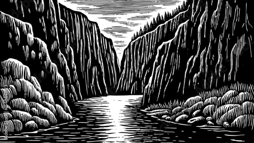Canyon landscape where a narrow river carves through steep cliffs, a black and white sketch vector