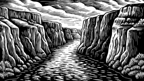 Canyon landscape where a narrow river carves through steep cliffs, a black and white sketch vector